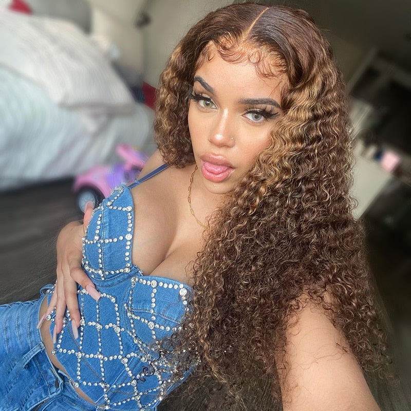$50 OFF Full $51 | Code: SAVE50 Klaiyi 13x4 Lace Frontal Ombre Highlight Piano BrownJerry/Kinky Curly Wigs Flash Sale