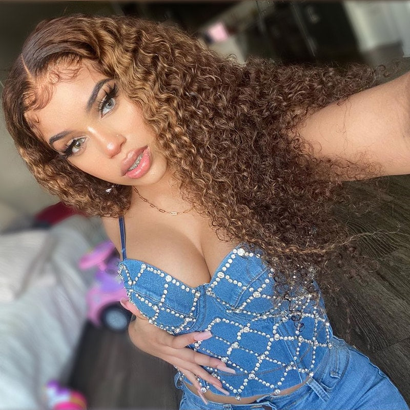 Klaiyi 7x5 Pre-cut Glueless Lace Invisible Knots Wig Ombre Highlight Piano Brown Kinky Curly/Water Wave Balayage Human Hair