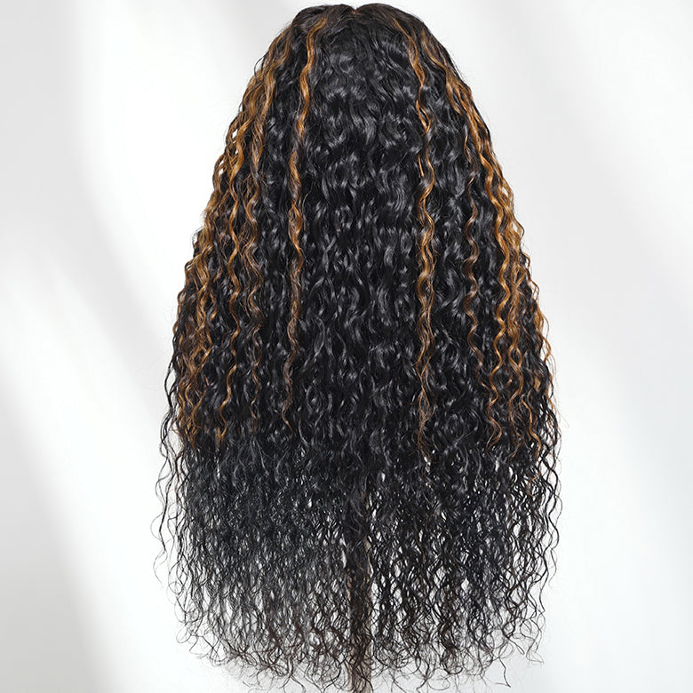 Klaiyi 7x5 Bye Bye Knots Ombre Brown Highlight Water Wave Glueless Human Hair Wig with Invisible Drawstring