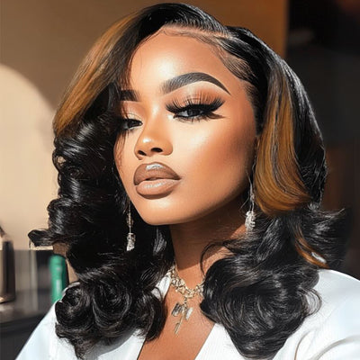 Klaiyi Black with Caramel Blonde Highlights Body Wave Wig 7x5 Bye-Bye Knots Put on and Go Glueless Wig