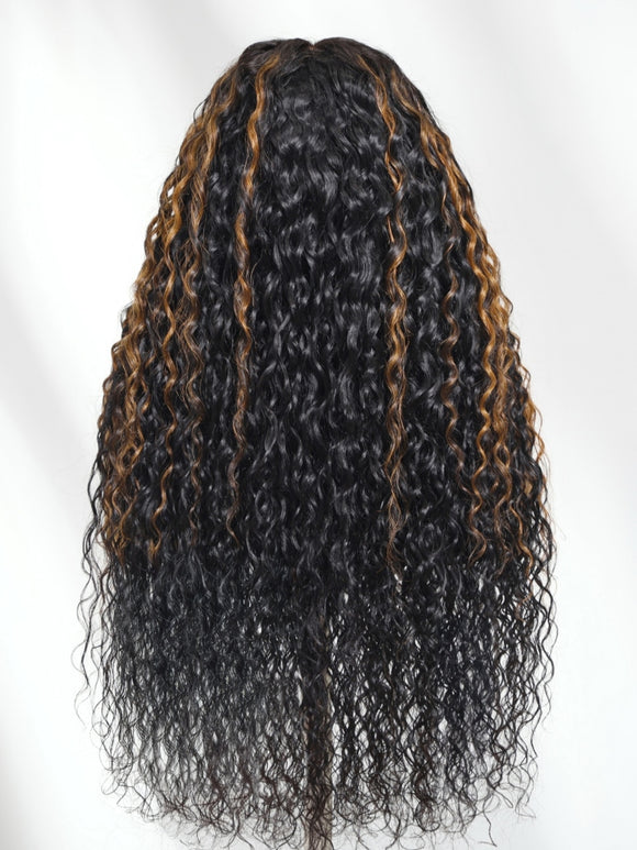 Perruque Klaiyi 7x5 Bye Bye Knots Ombre Brown Highlight Water Wave sans colle, cheveux humains avec cordon de serrage invisible 