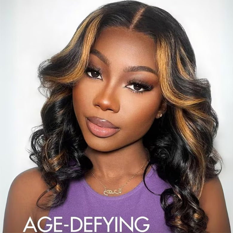 Klaiyi Black with Caramel Blonde Highlights Body Wave Wig 7x5 Bye-Bye Knots Put on and Go Glueless Wig