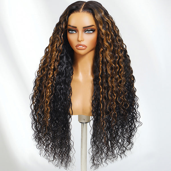 Klaiyi 7x5 Bye Bye Knots Ombre Brown Highlight Water Wave Glueless Human Hair Wig with Invisible Drawstring