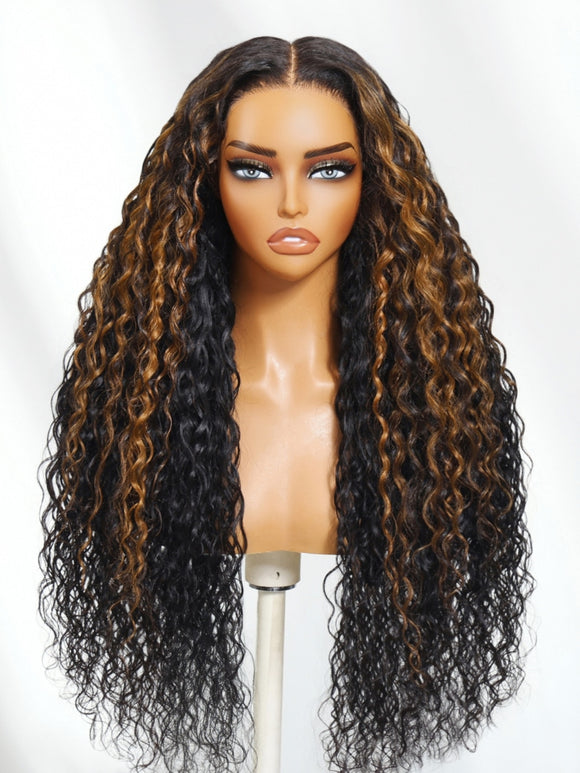 Perruque Klaiyi 7x5 Bye Bye Knots Ombre Brown Highlight Water Wave sans colle, cheveux humains avec cordon de serrage invisible 