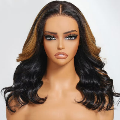 Klaiyi Black with Caramel Blonde Highlights Body Wave Wig 7x5 Bye-Bye Knots Put on and Go Glueless Wig