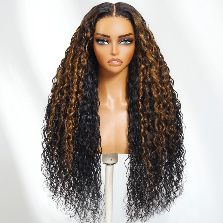 Klaiyi 7x5 Bye Bye Knots Ombre Brown Highlight Water Wave Glueless Human Hair Wig with Invisible Drawstring