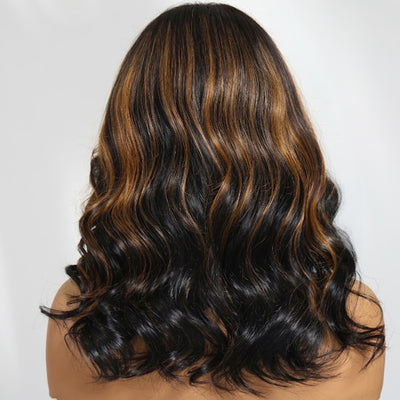 Klaiyi Black with Caramel Blonde Highlights Body Wave Wig 7x5 Bye-Bye Knots Put on and Go Glueless Wig