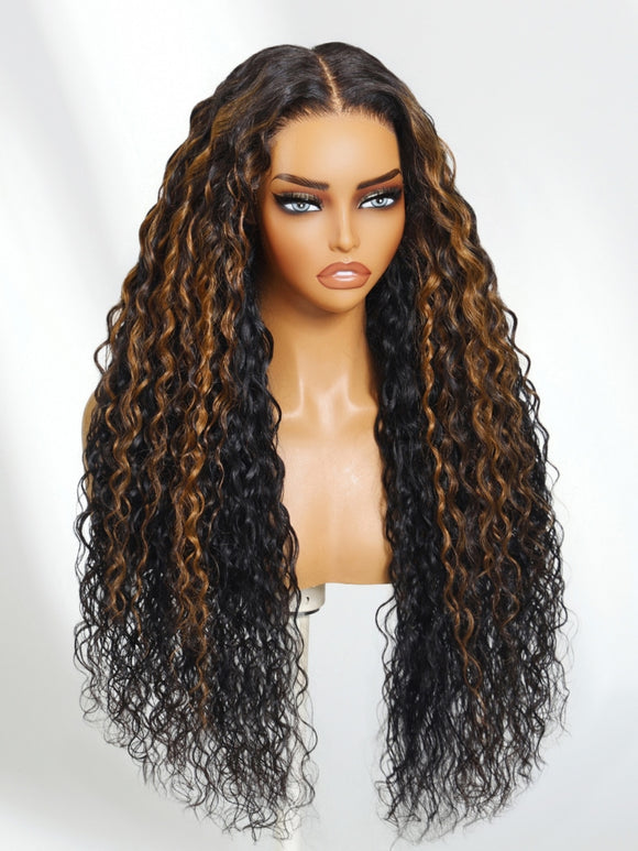 Perruque Klaiyi 7x5 Bye Bye Knots Ombre Brown Highlight Water Wave sans colle, cheveux humains avec cordon de serrage invisible 