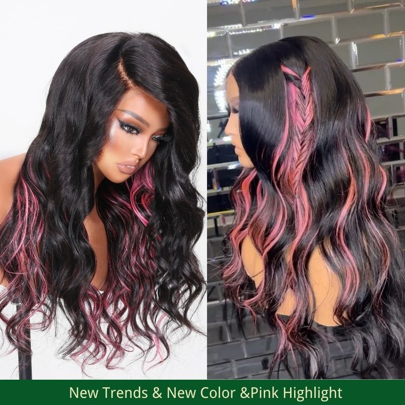 Klaiyi Natural Black Body Wave With Pink Highlights Pink Striped Human Hair Wigs