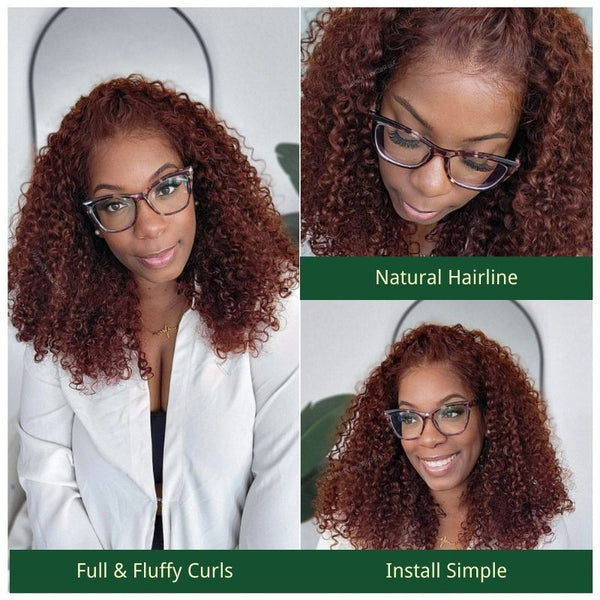 New User Exclusive | Klaiyi Pre-Cut Lace Wig Put On and Go Wigs Reddish Brown Jerry Curly Lace Closure Wig