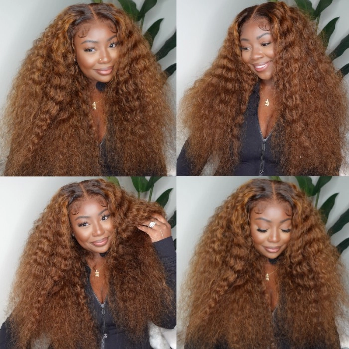 Klaiyi 6x4.75 Pre-cut Wear & Go Ombre Highlight Piano Brown Water Wave Wigs Balayage Human Hair