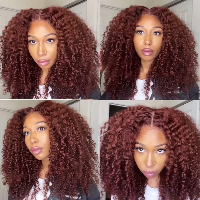 Klaiyi 7x5 Pre-Cut Lace Wig Put On and Go Invisible Knots Reddish Brown Color Jerry Curly Flash Sale