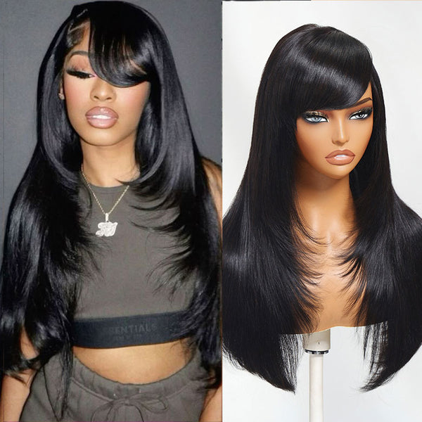 Klaiyi Layer Cut Silky Straight Wig with Side Part Swoop 13x4 Pre-Everything Lace Frontal Wig 180% Layer Cut Glueless Human Hair Wig