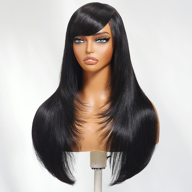 Klaiyi Layer Cut Silky Straight Wig with Side Part Swoop 13x4 Pre-Everything Lace Frontal Wig 180% Layer Cut Glueless Human Hair Wig