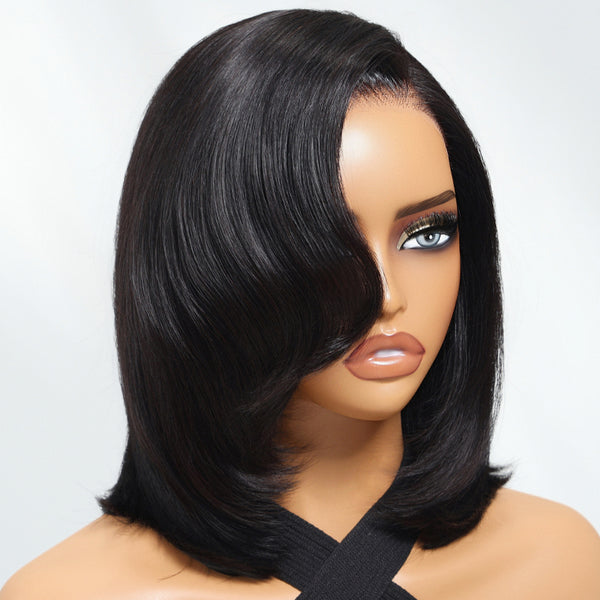 Klaiyi 7x5 Byebye Knots 90s Rachel Haircut Blunt Layered Wig with Side Part Bangs Put On and Go Glueless Human Hair Wig Flash Sale