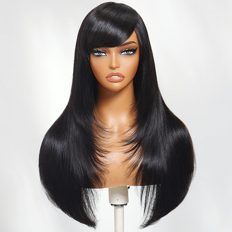 Klaiyi Layer Cut Silky Straight Wig with Side Part Swoop 13x4 Pre-Everything Lace Frontal Wig 180% Layer Cut Glueless Human Hair Wig