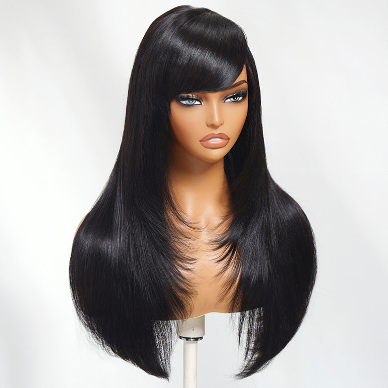 Klaiyi Layer Cut Silky Straight Wig with Side Part Swoop 13x4 Pre-Everything Lace Frontal Wig 180% Layer Cut Glueless Human Hair Wig