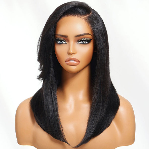 Klaiyi Yaki Straight Silk Press Bob Wig With Side Bangs 7x5 Pre-Bleached Natural Looking Glueless Wig Human Hair