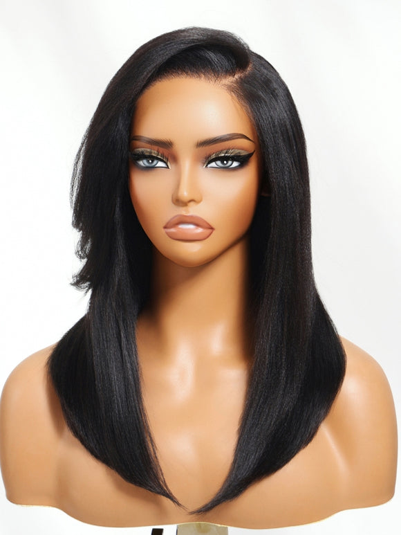 Klaiyi Yaki Straight Silk Press Bob Wig With Side Bangs 7x5 Pre-Bleached Natural Looking Glueless Wig Human Hair