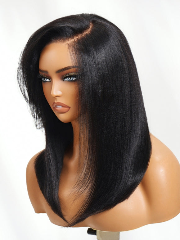 Klaiyi Yaki Straight Silk Press Bob Wig With Side Bangs 7x5 Pre-Bleached Natural Looking Glueless Wig Human Hair