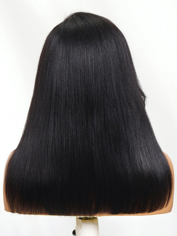 Klaiyi Yaki Straight Silk Press Bob Wig With Side Bangs 7x5 Pre-Bleached Natural Looking Glueless Wig Human Hair
