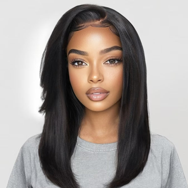 Klaiyi Yaki Straight Silk Press Bob Wig With Side Bangs 7x5 Pre-Bleached Natural Looking Glueless Wig Human Hair