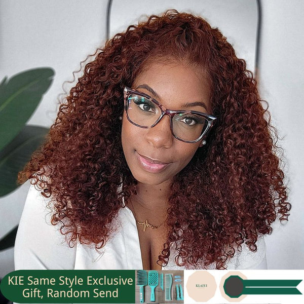 New User Exclusive | Klaiyi Pre-Cut Lace Wig Put On and Go Wigs Reddish Brown Jerry Curly Lace Closure Wig