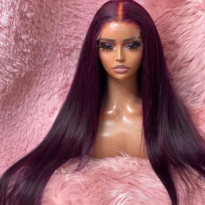 Extra 60% OFF | Klaiyi Dark Burgundy Color Straight Lace Front Wig Pre-Plucked