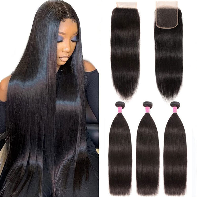 Klaiyi Bone Straight Virgin Hair 3 Bundles with 4x4 Transparent Lace Closure Pre Plucked