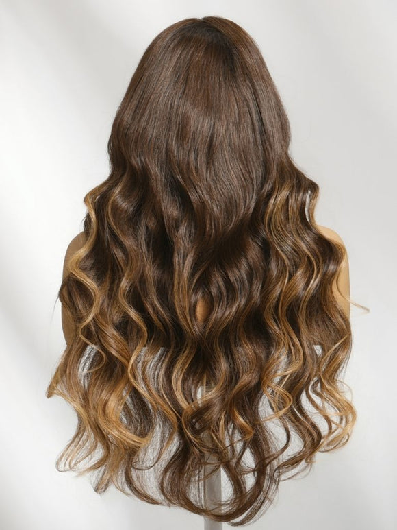 Klaiyi Dark Brown Balayage Highlights Loose Wave 7×5 Glueless Lace Front Wig with Invisible Drawstring
