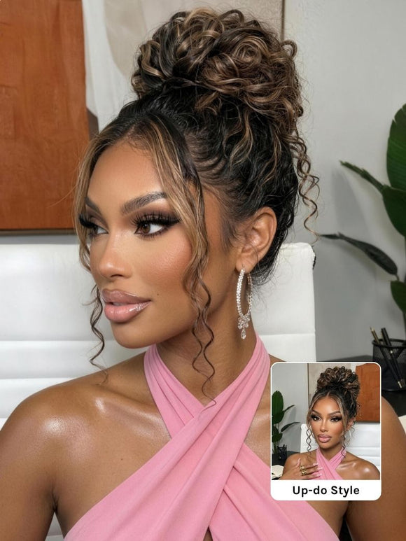 Klaiyi 7x5 Golden Brown Highlight Water Wave Bye Bye Knots Lace Closure Wig 150% Density