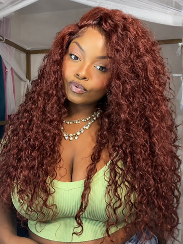 Klaiyi Reddish Brown Water Wave 7x5 Glueless Human Hair Lace Wig Put On & Go