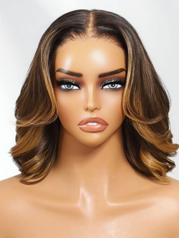 Klaiyi Balayage Brown French 13×4 Pre Everything Shoulder Length Loose Bob Lace Frontal Wig Put On and Go With Invisi Drawstring