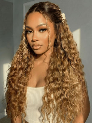 Klaiyi Sun-Kissed Honey & Warm Golden Blonde Water Wave 13x4 Glueless Put On And Go Wig with Invisi Drawstring