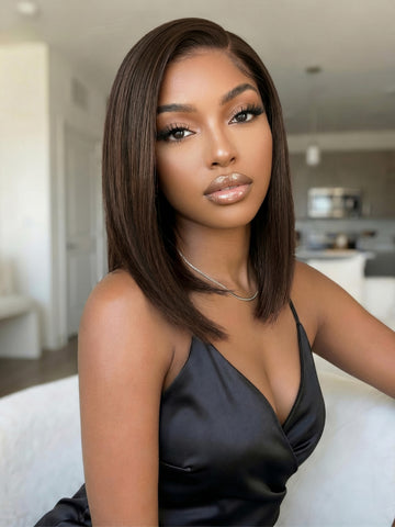 Klaiyi 7×5 Glueless Lace Dark Chocolate Brown Side Part Yaki Straight Bob Bye-Bye Knots Wig with Invisi Drawstring