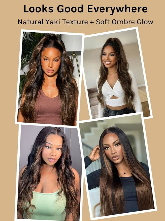 Klaiyi Ombre Chestnut Brown Yaki Straight Glueless Wig 7x5 No-Slip & 13x4 Pre-Everything Put On & Go Human Hair Wigs with Invisi Drawstring