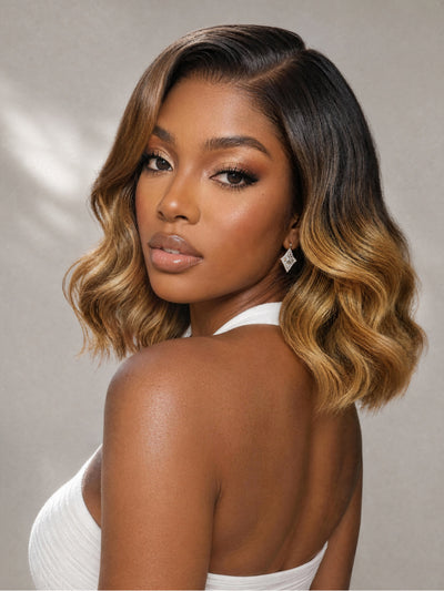 Perruque Klaiyi Balayage Brun Français 13×4, coupe au carré souple mi-longue, avec lace frontale et cordon de serrage invisible. Facile à poser.