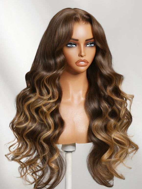 Klaiyi Dark Brown Balayage Highlights Loose Wave 7×5 Glueless Lace Front Wig with Invisible Drawstring