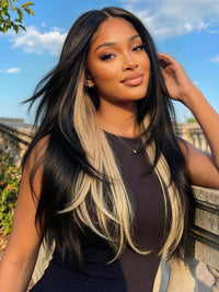 Klaiyi Natural Black with Peekaboo Highlights Straight Layered Cut 7x5 Bye Bye Knots Glueless Human Hair Wig