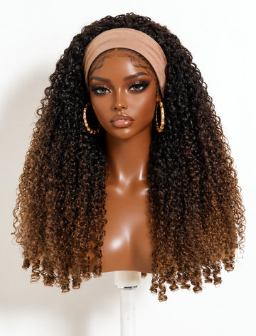 Klaiyi Ombre Chestnut Brown Burmese Curly 2-in-1 Headband Wig  Glueless Human Hair Wig with Invisi Drawstring