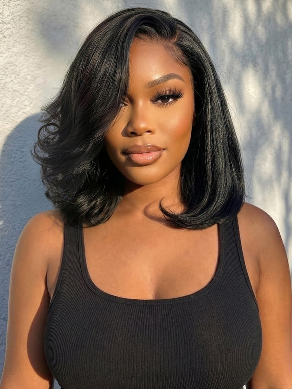 Perruque Klaiyi Balayage Brun Français 13×4, coupe au carré souple mi-longue, avec lace frontale et cordon de serrage invisible. Facile à poser.