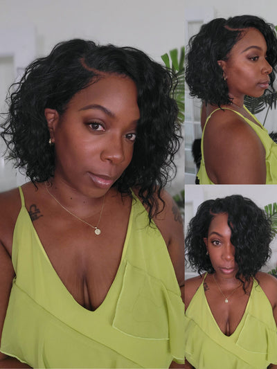 Klaiyi 6x4 Lace Closure 220% Density Put On& Go Water Wave Short Wavy Bob Wig Glueless Minimalist Lace Wig