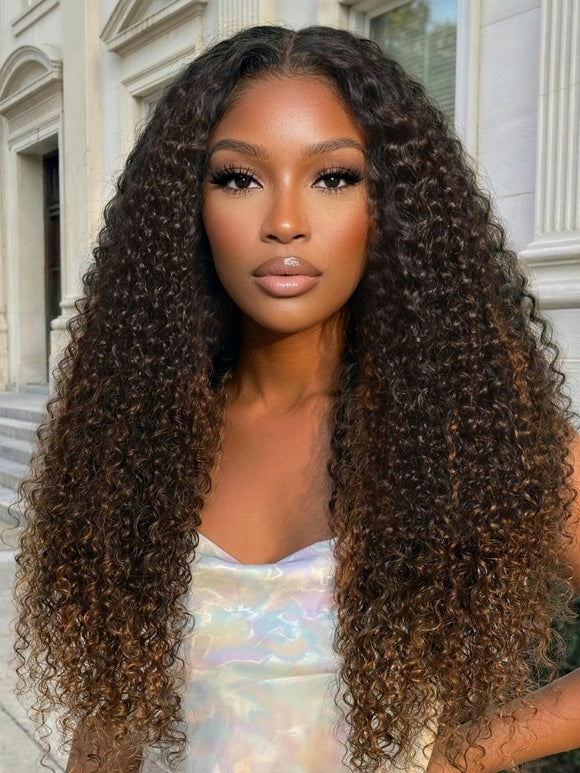 Klaiyi 13x4 Glueless Lace Front Dark Brown Curly Human Hair Wig with Caramel Highlights Put On & Go Invisi Drawstring