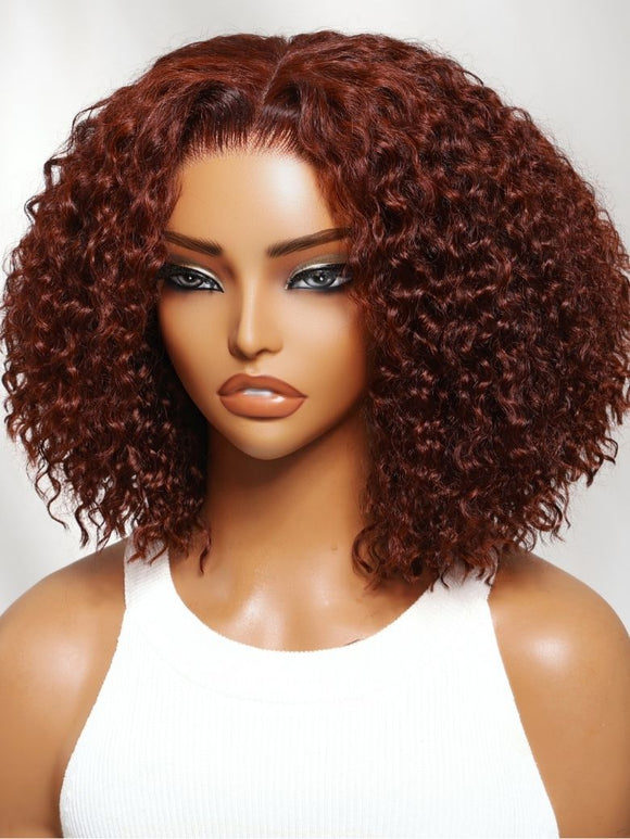 Klaiyi Reddish Brown Jerry Curly 7x5 Bye Bye Knots Human Hair Wig Put On and Go Glueless Lace Wig