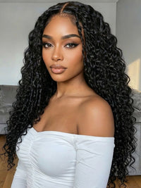 Klaiyi 7x5 Glueless Water Wave Wig with Burmese Curl Mix Pre-Styled Twist & Finger Coil Ends Put On And Go Gluless Lace Human Hair