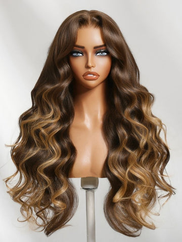 Klaiyi Dark Brown Balayage Highlights Loose Wave 7×5 Glueless Lace Front Wig with Invisible Drawstring