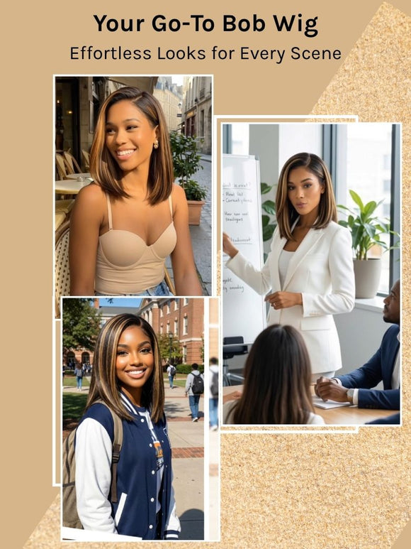 Klaiyi 7x5 No Slip Glueless Lace Wig Black with Caramel Highlights Side Part Yaki Straight Bob Wig with Invisi Drawstring