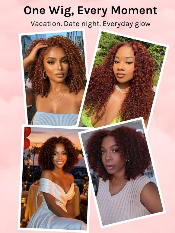 Perruque Klaiyi Afro Kinky Curly Reddish Brown, densité 180%, 13x4, pré-assemblée avec une frontale invisible et un cordon de serrage, sans colle. 