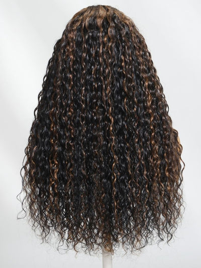 Perruque Klaiyi 7x5 Blond Doré Mèches Ondulées Effet Nœuds avec Fermeture Lace Closure Densité 150%