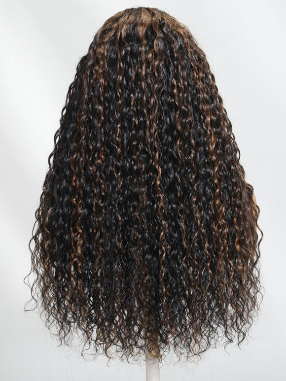 Perruque Klaiyi 7x5 Blond Doré Mèches Ondulées Effet Nœuds avec Fermeture Lace Closure Densité 150%